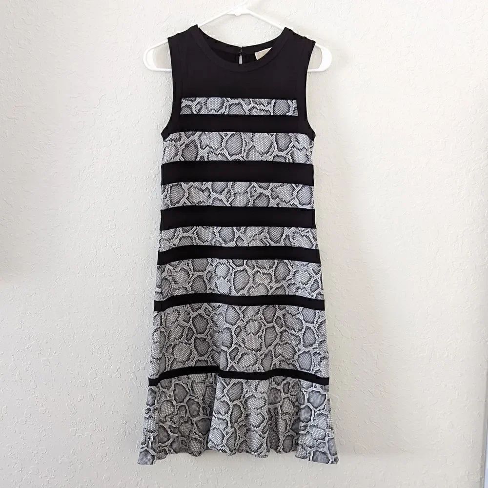 Michael Kors Dress Striped Black Snake Print XS Sleeveless Midi Tiered Ruffles
